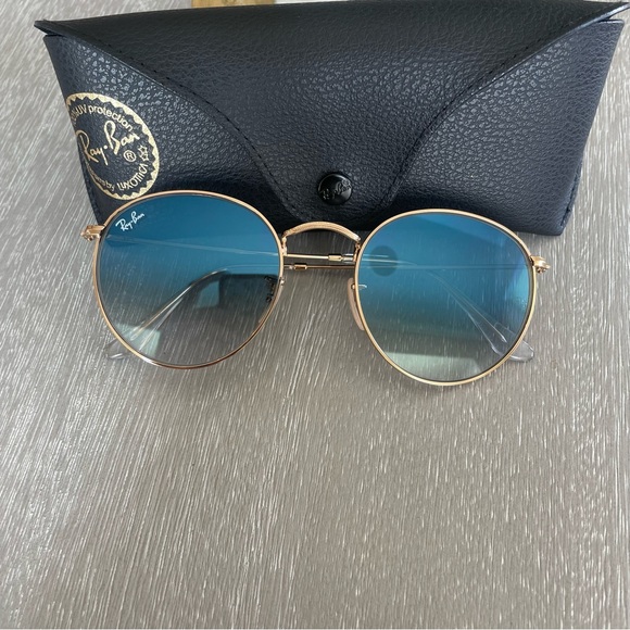 Ray-Ban Sunglasses Round Flat Lenses Gold Frame Blue Lenses - Picture 4 of 5